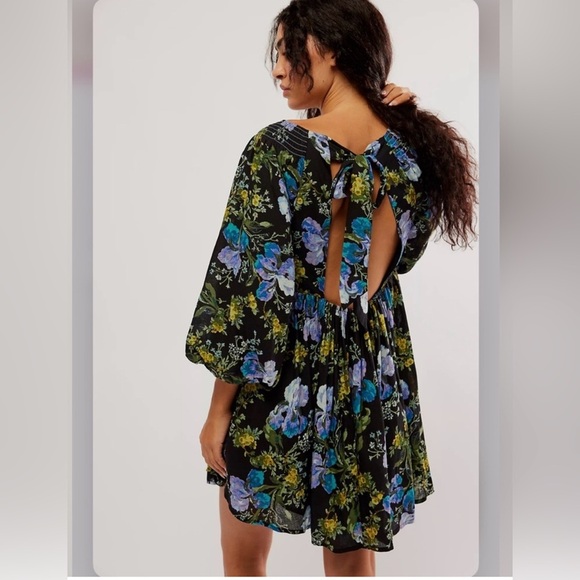 Free People Black Floral Babydoll Mini Dress Balloon Sleeves Flowy Size Small - Picture 6 of 10